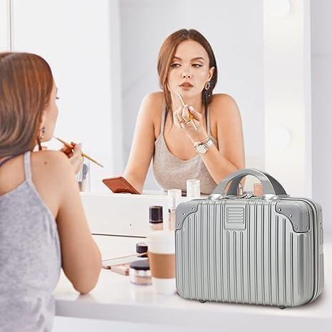 SUNBEET Portable Hard Shell Cosmetic Travel Case, Small Travel Hand Luggage with Elastic Band, Mini ABS Carrying Makeup Case Suitcase (Grey) - Image 2