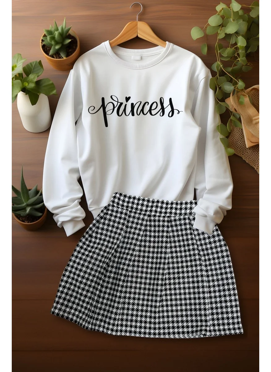 Ada Bebek Çocuk Ada Baby Child Style Plaid Skirt Princes Patterned Sweat Skirt Top and Bottom Set