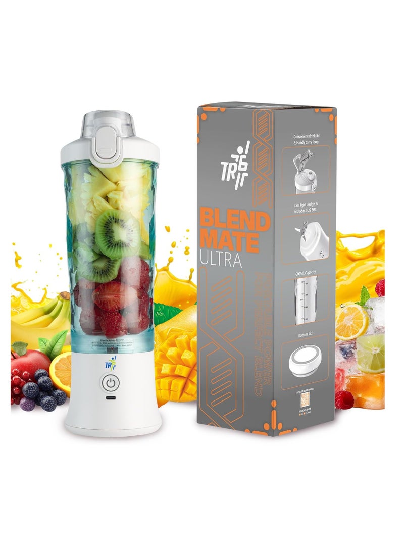 TR6 TR6 Blendmate Ultra Waterproof Portable Blender for Juices, Shakes & Smoothies – 230W Motor, 4000mAh Battery, Pulse Mode, LED Lights, 600ml Convertible Jar, Inbuilt Sipper & Carry Handle (White) - Image 1