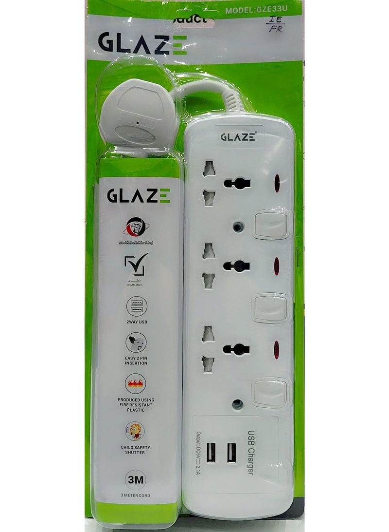 GLAZE EXTENSION SOCKET 3 WAY 3 MTR WITH (USB CHARGER )