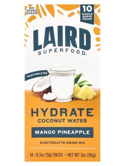 Laird Superfood Hydrate Coconut Water Electrolyte Drink Mix Mango Pineapple 10 Single Serve Packs 0.3 oz (9 g) Each 