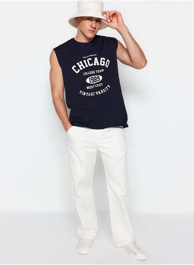 trendyol Navy Blue Oversize/Wide Cut Sleeveless Chicago Print Plus Size Tank Top  - Image 2