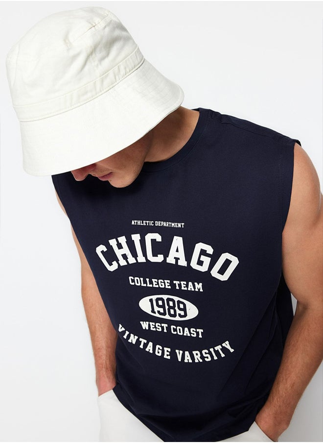 trendyol Navy Blue Oversize/Wide Cut Sleeveless Chicago Print Plus Size Tank Top  - Image 4