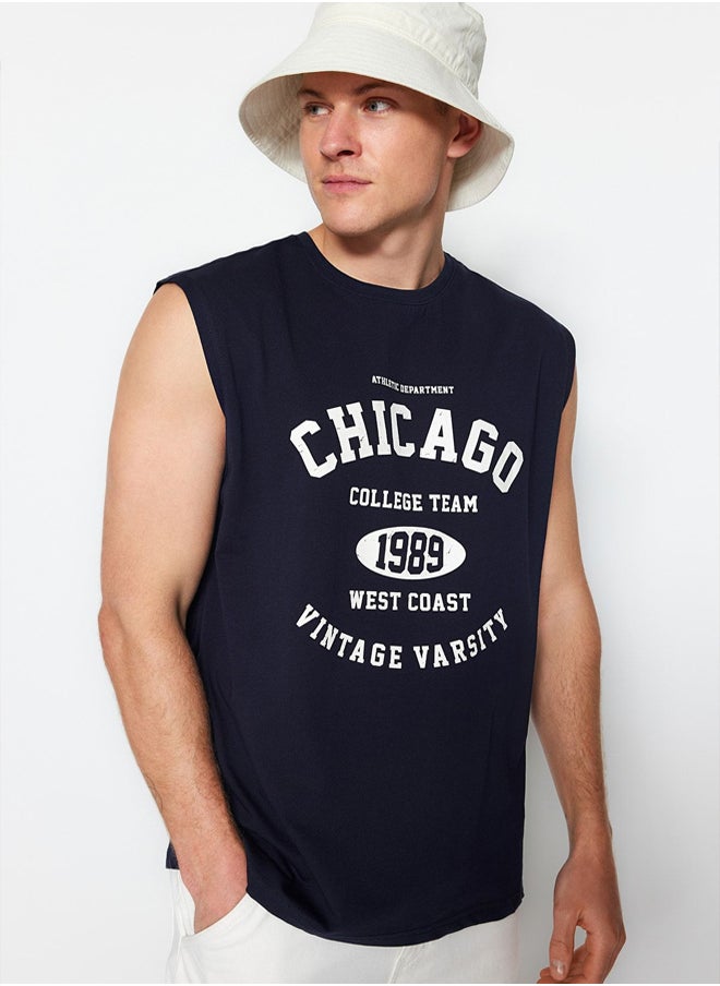 trendyol Navy Blue Oversize/Wide Cut Sleeveless Chicago Print Plus Size Tank Top  - Image 1
