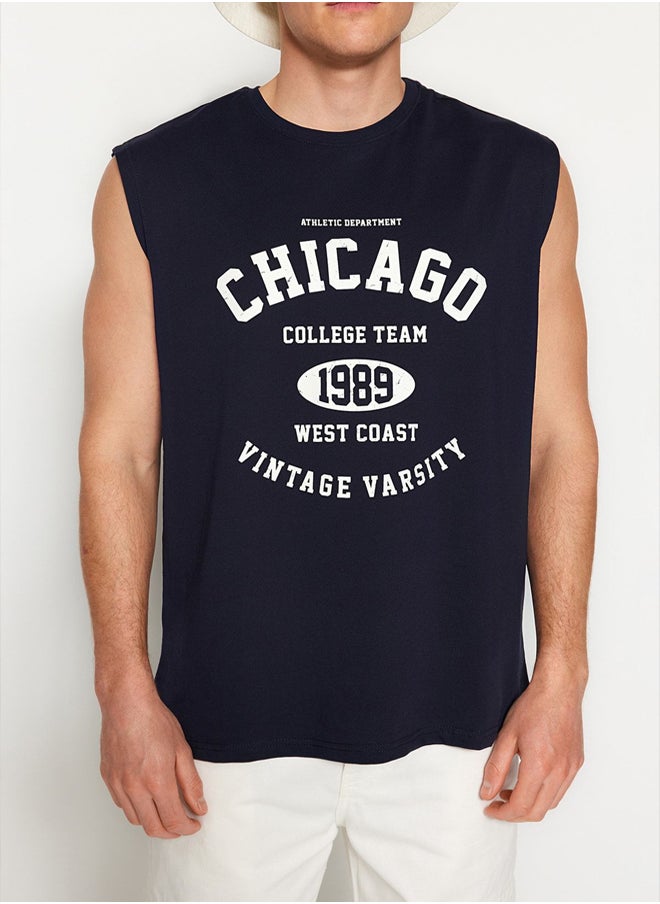 trendyol Navy Blue Oversize/Wide Cut Sleeveless Chicago Print Plus Size Tank Top  - Image 3
