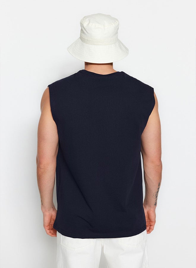 Navy Blue Oversize/Wide Cut Sleeveless Chicago Print Plus Size Tank Top