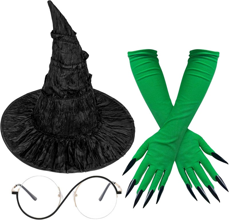 Horolam Upgraded general material Witch Costume Accessories, Black Witch Hat with Glasses, Green Gloves for Adults, Women, for Cosplay Dress Up Bulk storage easy optimized build - Image 1