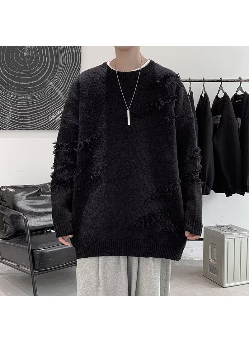 Generic - Mens Distressed Sweater Casual Loose Trendy Japanese Knitwear Black - Image 1