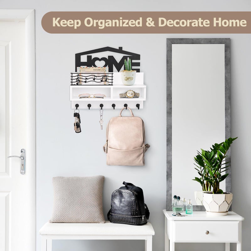 VIS'V Key Holder Wall Mount, Decorative Wooden Mail and Key Organizer with Storage Basket and Shelf, 2 Compartments, 6 Hooks, White - Image 2