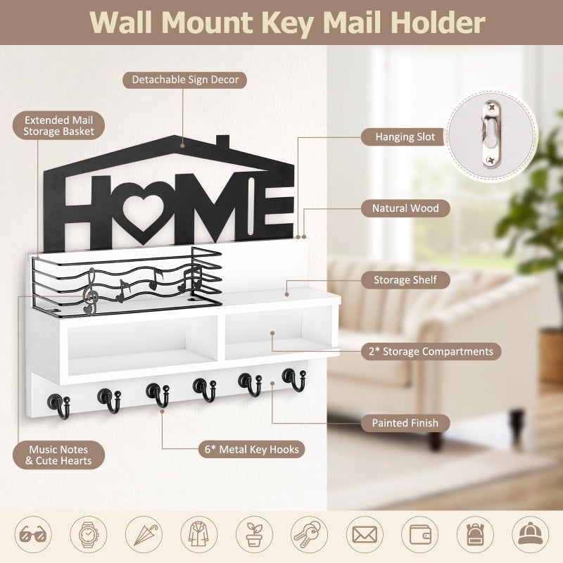 VIS'V Key Holder Wall Mount, Decorative Wooden Mail and Key Organizer with Storage Basket and Shelf, 2 Compartments, 6 Hooks, White - Image 3