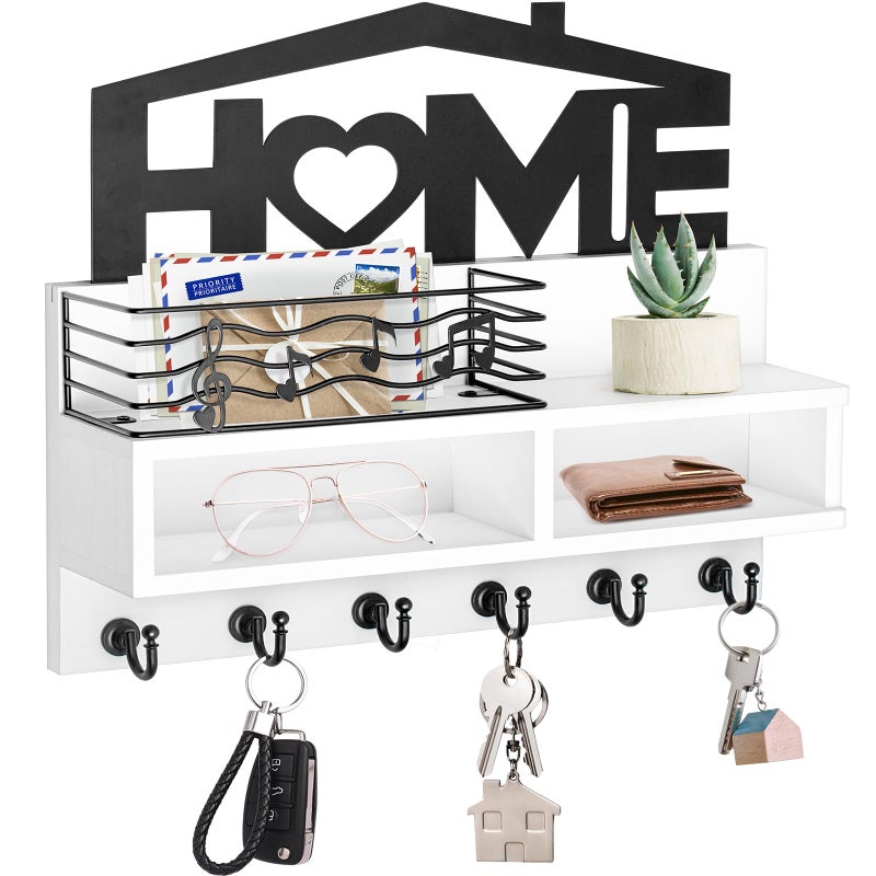 VIS'V Key Holder Wall Mount, Decorative Wooden Mail and Key Organizer with Storage Basket and Shelf, 2 Compartments, 6 Hooks, White - Image 1