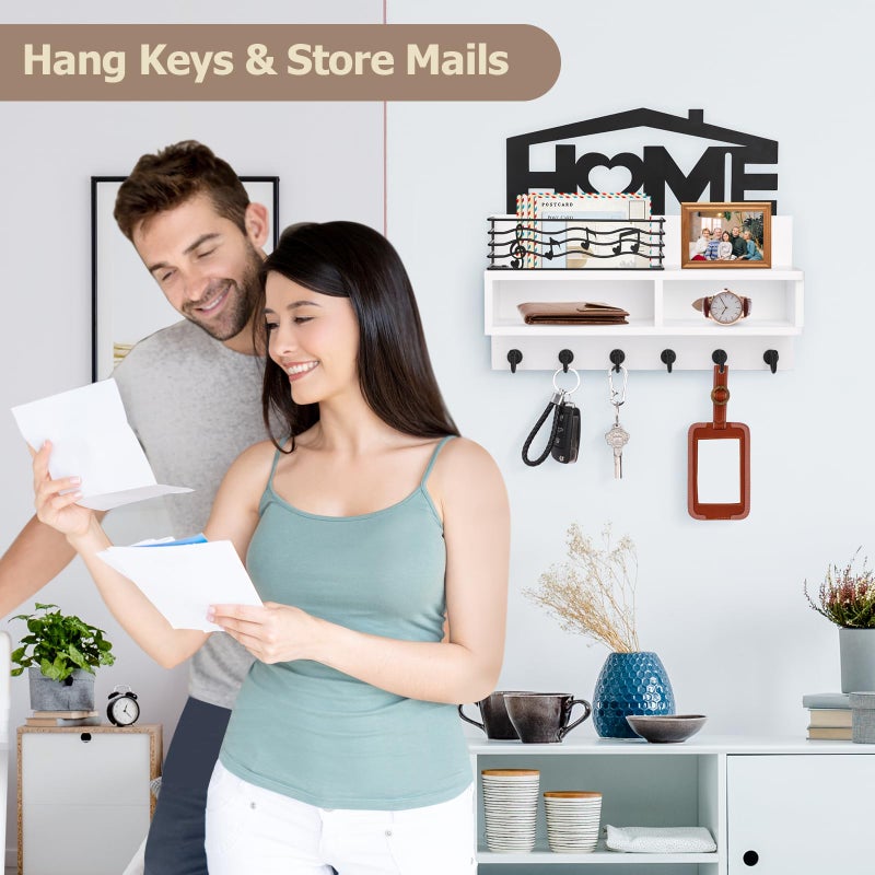 VIS'V Key Holder Wall Mount, Decorative Wooden Mail and Key Organizer with Storage Basket and Shelf, 2 Compartments, 6 Hooks, White - Image 4