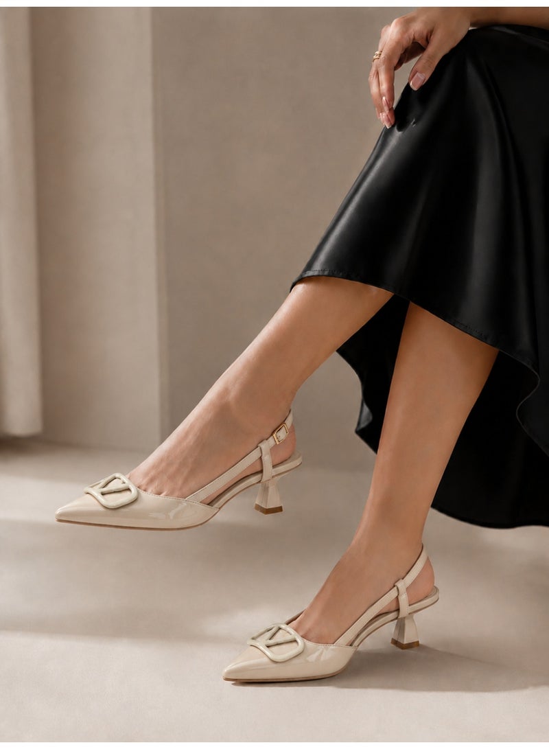 LIFESTYLISH Shoes Mid Heels Leather With Buckle Elegant F-613 - Beige - Image 1
