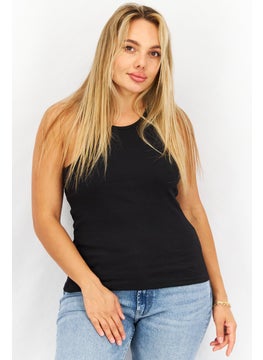 Women Round Neck Sleeveless Ribbed Tank Top, Black