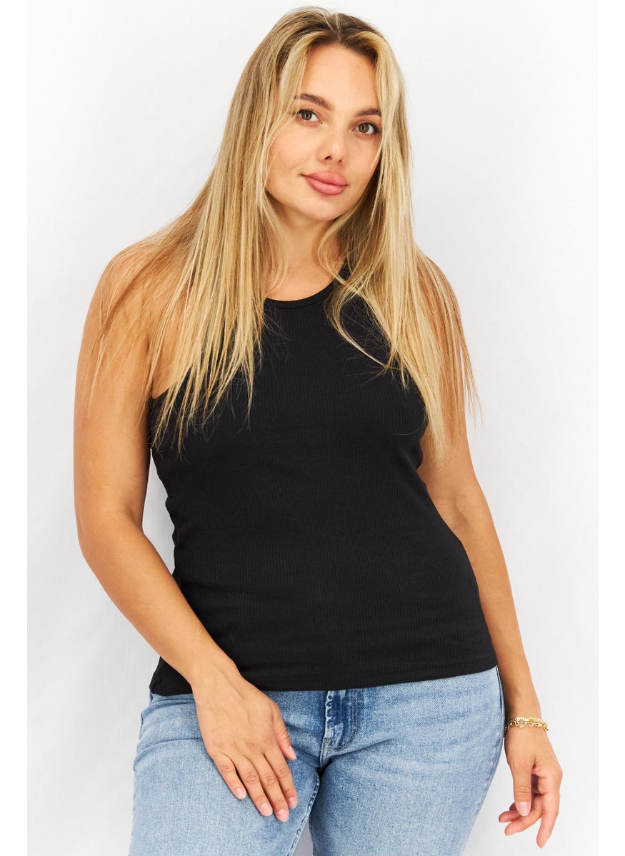 French Connection - Women Round Neck Sleeveless Ribbed Tank Top, Black - Image 1