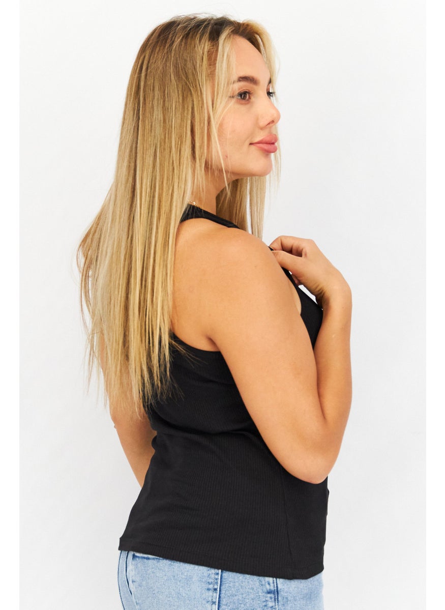 French Connection - Women Round Neck Sleeveless Ribbed Tank Top, Black - Image 1