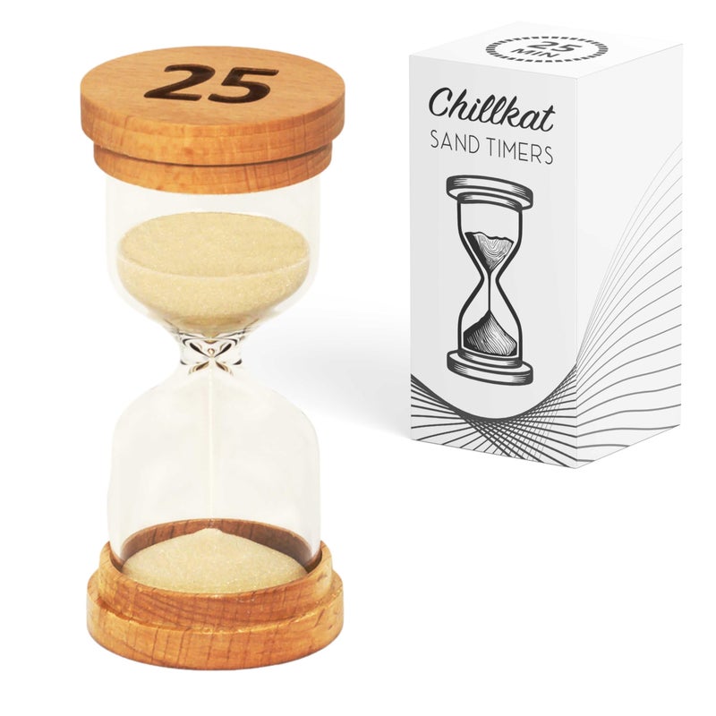 25 Minute Sand Hourglass Timer Glass Sand Clock 25 Min Modern Hourglass Watch with Wooden End Caps for Kids Games Classroom Kitchen Home or Office Decor