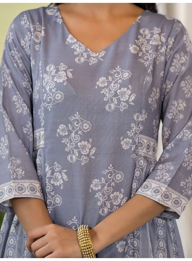 أيه كيه إس AKS Floral Printed Pleated Linen A-Line Kurta with Trousers & Dupatta