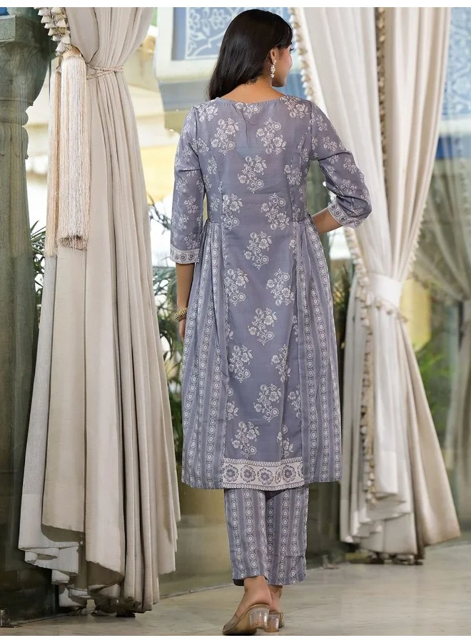AKS AKS Floral Printed Pleated Linen A-Line Kurta with Trousers & Dupatta