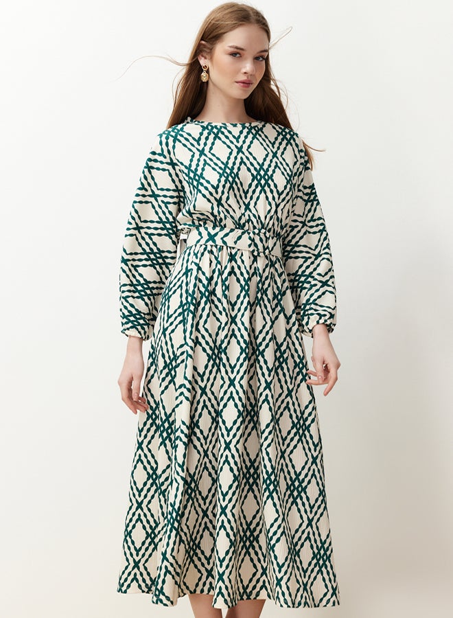 trendyol Green Patterned Belt Detailed Crinkle Woven Dress TCTSS24EB00233 - Image 3