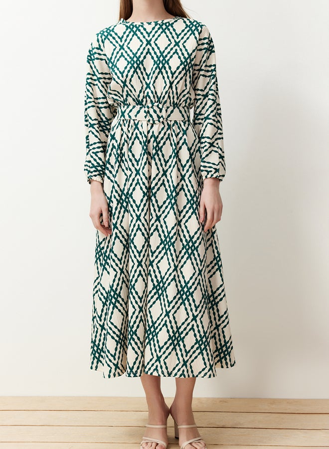 trendyol Green Patterned Belt Detailed Crinkle Woven Dress TCTSS24EB00233 - Image 5