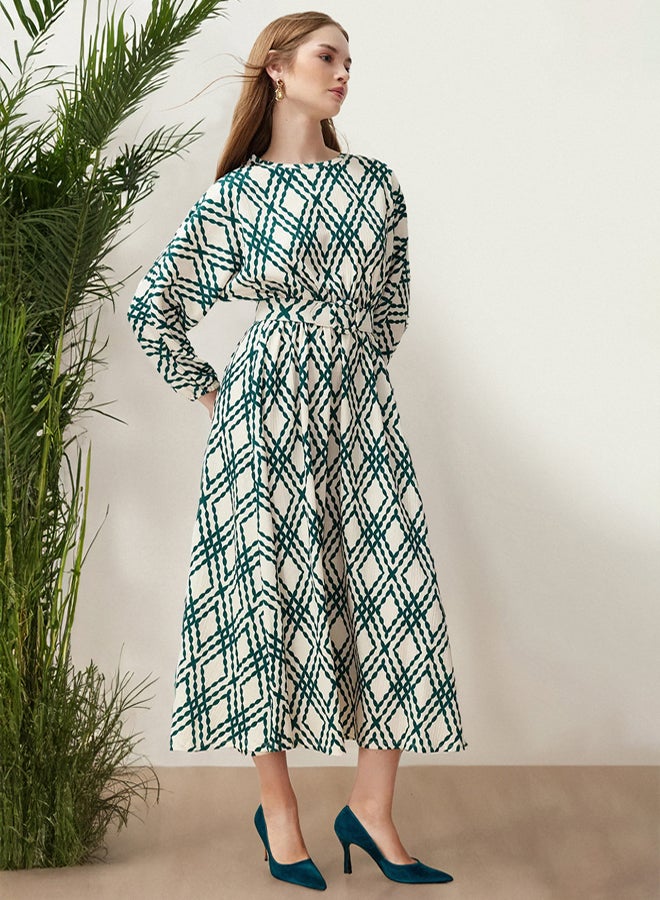 trendyol Green Patterned Belt Detailed Crinkle Woven Dress TCTSS24EB00233 - Image 1