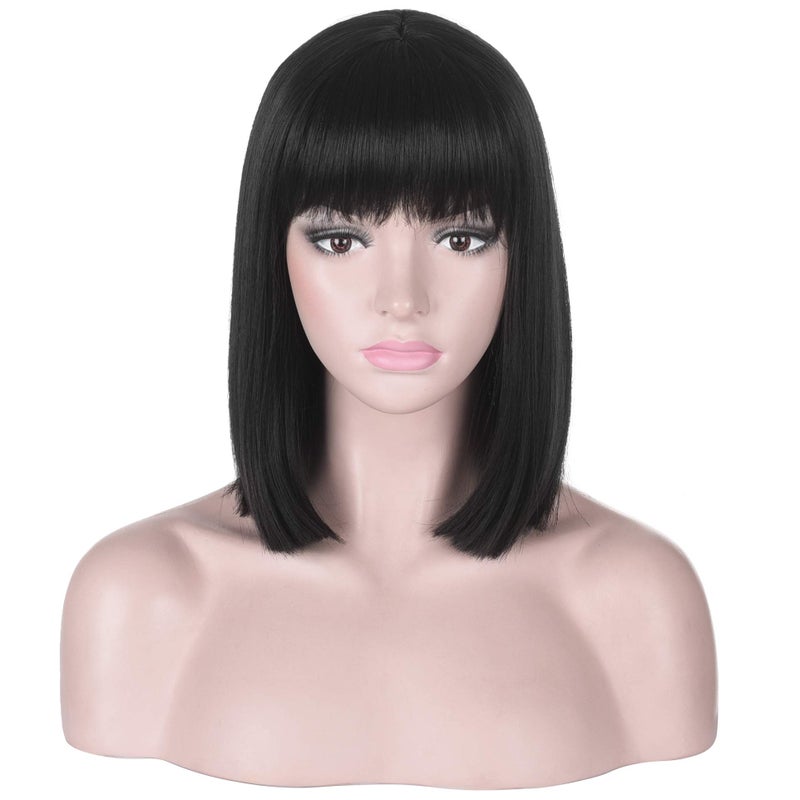 Deifor Short Straight Black Bob Wig with Bangs for Women | Natural Heat Resistant Synthetic Hair Wigs - Image 1
