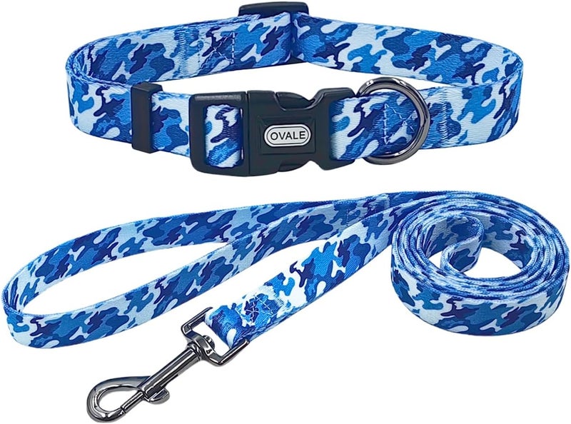 Ovale Dog Collar Leash Combo Set, Camouflage Pattern, Collar and 5 ft Matching Leash, for Large Dogs.(L, Blue Camouflage) - Image 1
