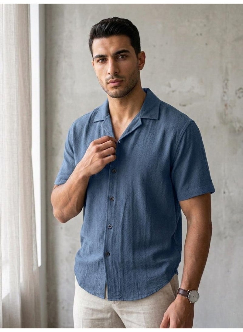 Hikes Men’s Premium Camp Collar Shirt – Cotton Flax Blend, Slim Fit, Breathable Casual Wear - Image 1