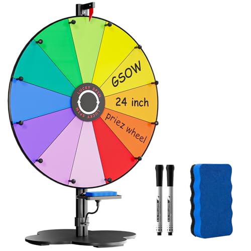 GSOW Prize Wheel 24 Inch Tabletop Spinning Wheel for Prizes with Stand Heavy Duty Spinner Wheel of Fortune with 12 Slot Dry Eraser Markers Spin Wheel for Carnival Family Games Party Games - Image 1