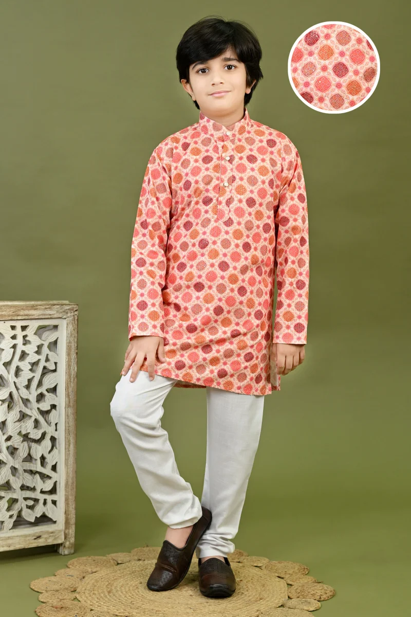 BT DEZINES Peach Bandhani Printed Kurta & Pyjama Set for Boys