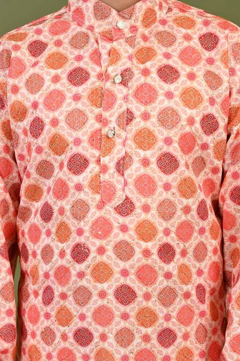 BT DEZINES Peach Bandhani Printed Kurta & Pyjama Set for Boys