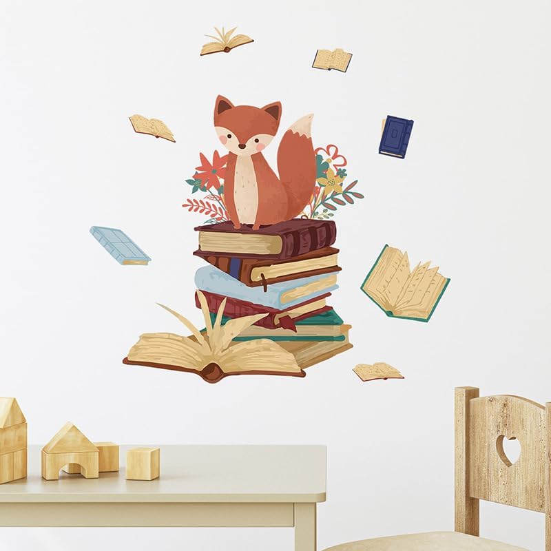 iMagitek Fox Reading Corner Wall Decals Stickers Woodland Animal Fox Read Books Wall Decals for Nursery Playroom Classroom Library Kids Bedroom - Image 1
