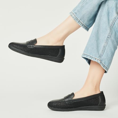 DeYashopin Women's Flats Shoes Non-Slip Ballet Shoes for Dressy Occasions,Walking and Driving Lightweight & Flexible for Comfort, Grid PU (Black 9) - Image 2