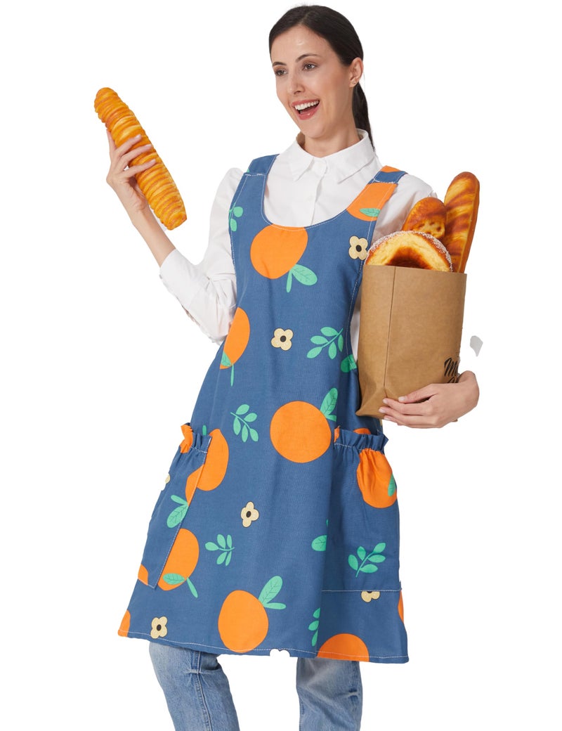 APRONNER Cozy Adjustable Cross Back Aprons for Women with Pockets Cotton Linen Cooking Kitchen Baking Sweet Orange - Image 1