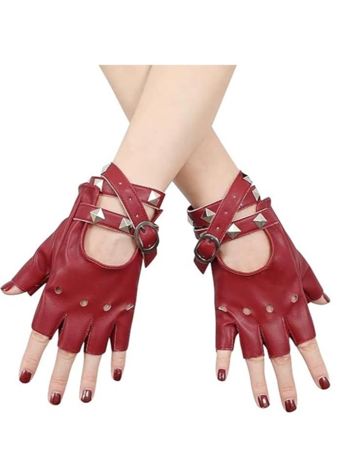 Half Finger Gloves, PU Leather Performance Gloves, Women Heart Cutout Punk Half Finger Gloves, Dance Glove Performance Costume Style Glove (Red) - Image 1
