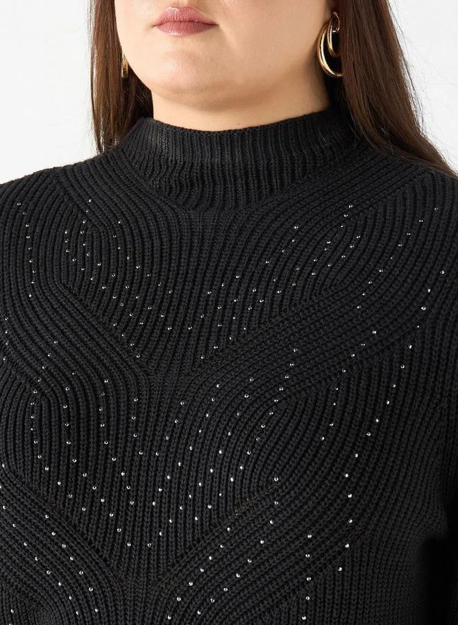 Ulla Popken Plus Size Ulla Popken Embellished High-Neck Sweater with Long Sleeves