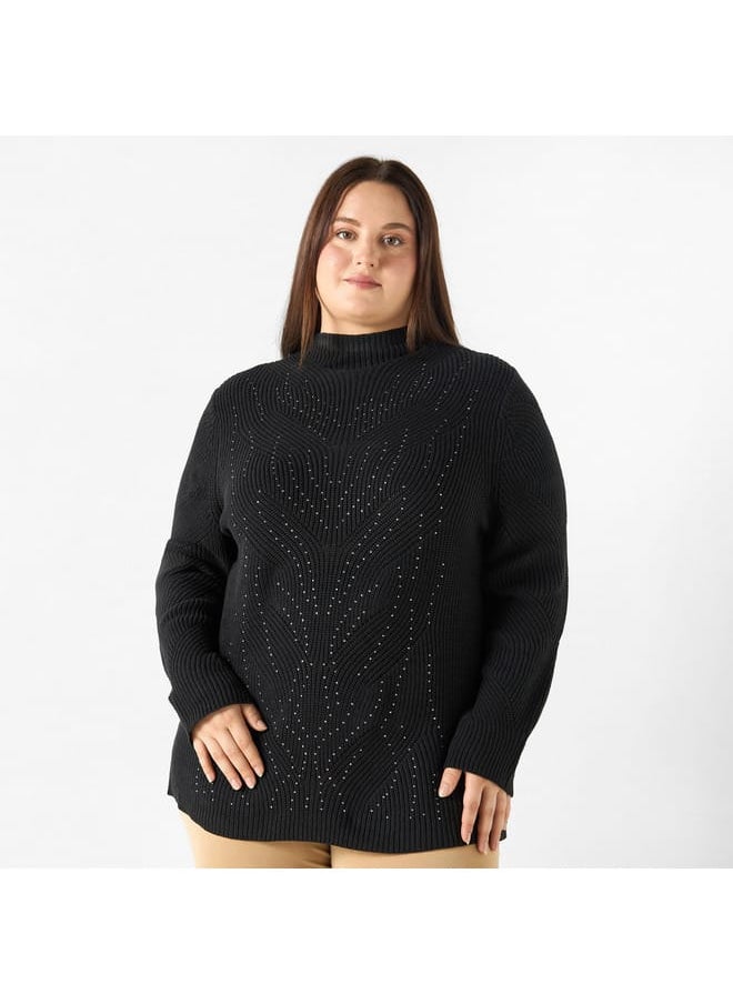Ulla Popken Plus Size Ulla Popken Embellished High-Neck Sweater with Long Sleeves  - Image 1