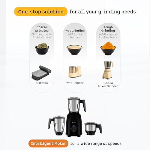 Atomberg Xiana 750 Watt Mixer Grinder | 3 Multipurpose Stainless Steel Jars | Coarse Mode for Silbatta-like Textures | Powerful Intelligent Motor | Easy Fault LED Indication | Gloss Black - Image 2