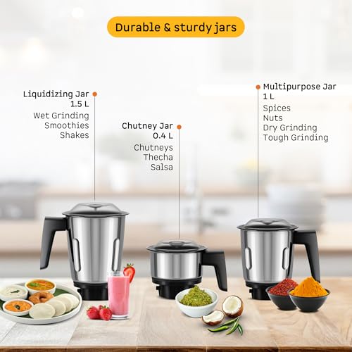 Atomberg Xiana 750 Watt Mixer Grinder | 3 Multipurpose Stainless Steel Jars | Coarse Mode for Silbatta-like Textures | Powerful Intelligent Motor | Easy Fault LED Indication | Gloss Black - Image 4