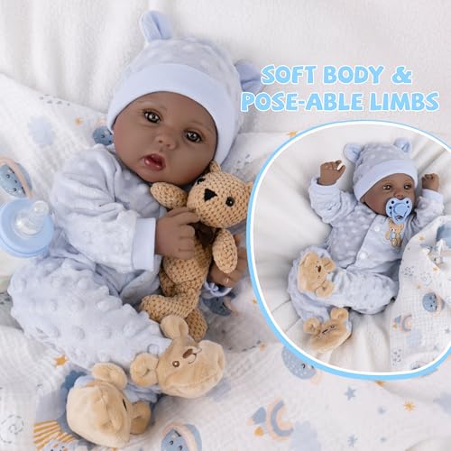 Milidool Black Reborn Baby Dolls Boy 18 Inch Lifelike Black Silicone Baby Dolls That Look Real African American Newborn Boy Dolls Realistic Baby Doll with Bear Clothes Gift Set for Ages 3 - Image 5