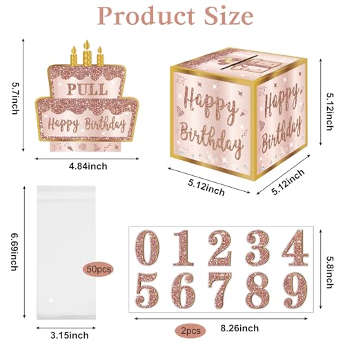 Turypaty Happy Birthday Money Gift Box with DIY Stickers for Any Age - Pink Rose Gold Surprise Birthday Party Cash Gift Box with Pull Out Card for Women Girls - A Fun Way to Present Cash as Gifts - Image 3