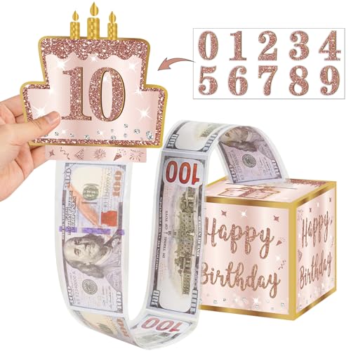 Turypaty Happy Birthday Money Gift Box with DIY Stickers for Any Age - Pink Rose Gold Surprise Birthday Party Cash Gift Box with Pull Out Card for Women Girls - A Fun Way to Present Cash as Gifts - Image 1