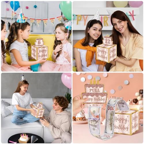 Turypaty Happy Birthday Money Gift Box with DIY Stickers for Any Age - Pink Rose Gold Surprise Birthday Party Cash Gift Box with Pull Out Card for Women Girls - A Fun Way to Present Cash as Gifts - Image 2