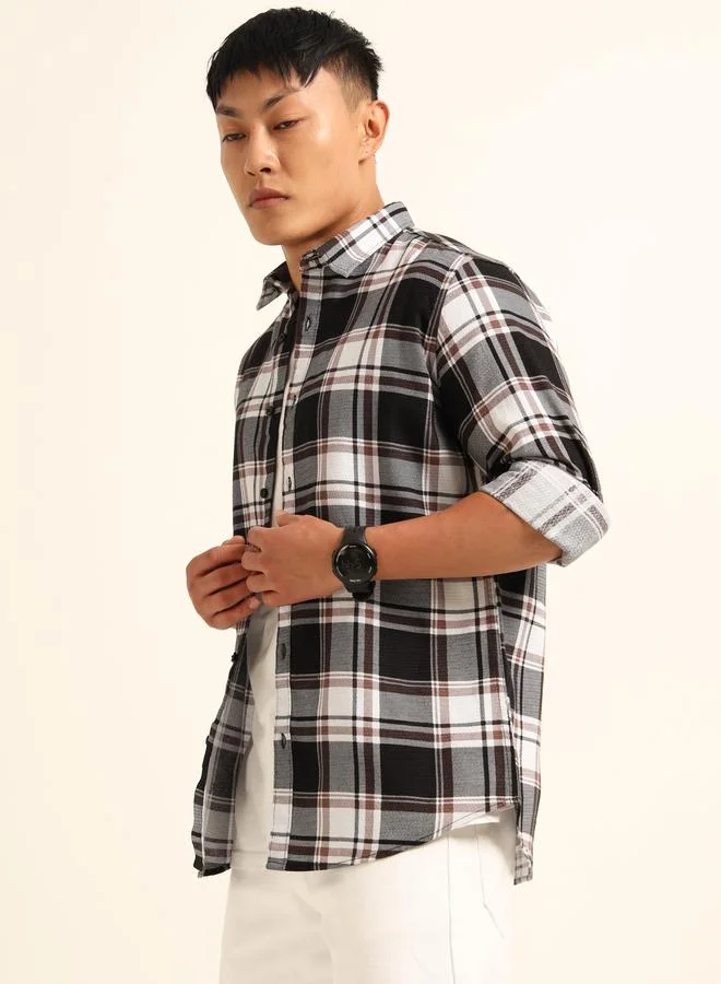 بوشيرت قميص بنقشة مربعات مت- عددة بياقة مفتوحة