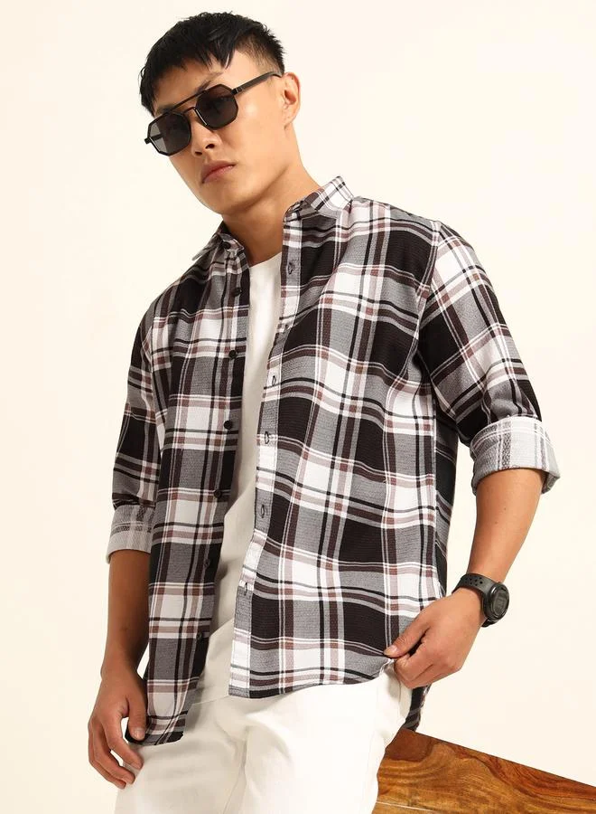 بوشيرت قميص بنقشة مربعات مت- عددة بياقة مفتوحة