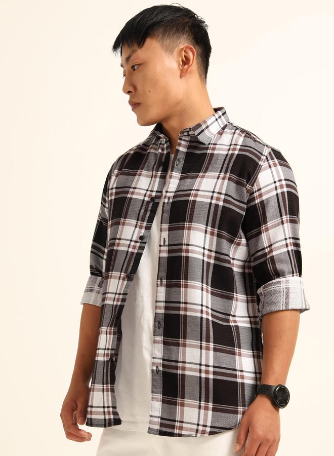 بوشيرت قميص بنقشة مربعات مت- عددة بياقة مفتوحة - Image 3