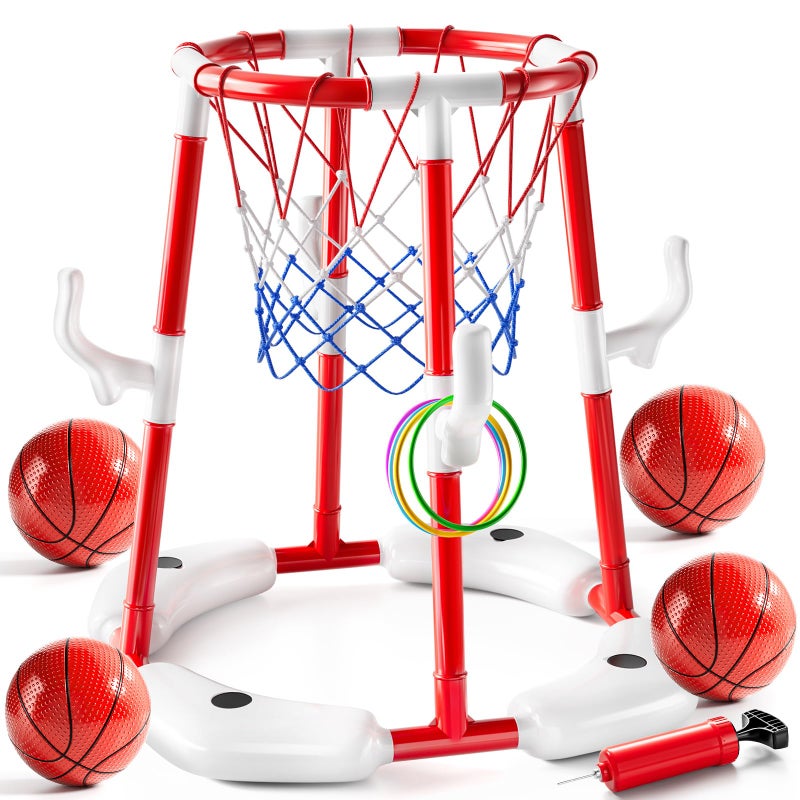 JUKUDAHU Swimming Pool Basketball Hoop Toy for Kids 2 3 4 5 6 Years Old Floating Pool Basketball Game Toys with 4 Balls AirPump Outdoor Play Poolside Summer Water for Boys Girls Age 4812 Red - Image 3