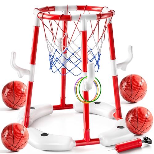 JUKUDAHU Swimming Pool Basketball Hoop Toy for Kids 2 3 4 5 6 Years Old Floating Pool Basketball Game Toys with 4 Balls AirPump Outdoor Play Poolside Summer Water for Boys Girls Age 4812 Red - Image 1