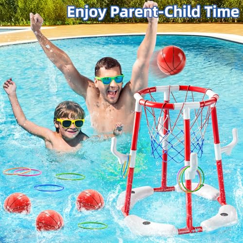 JUKUDAHU Swimming Pool Basketball Hoop Toy for Kids 2 3 4 5 6 Years Old Floating Pool Basketball Game Toys with 4 Balls AirPump Outdoor Play Poolside Summer Water for Boys Girls Age 4812 Red - Image 5